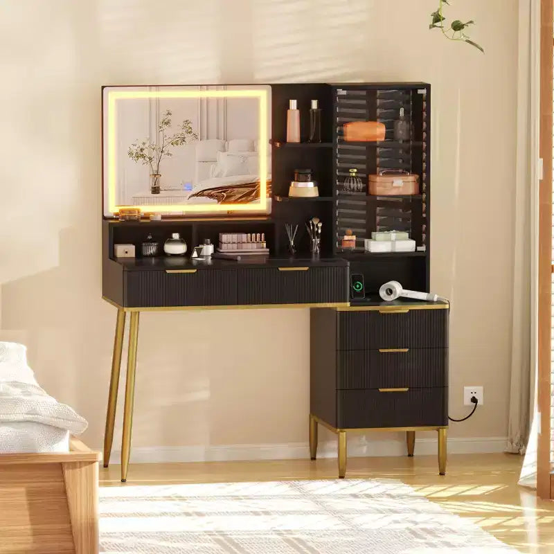 Fluted Vanity Desk, Makeup Vanity Desk with 5 Drawers, Storage Shelf, 3 Colors Lighting Adjustable Brightness for Bedroom