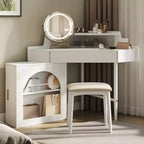Whisen Corner Makeup Vanity Desk, Modern Vanity Set, Dressing Table with Mirror, Stool and Large Storage - White