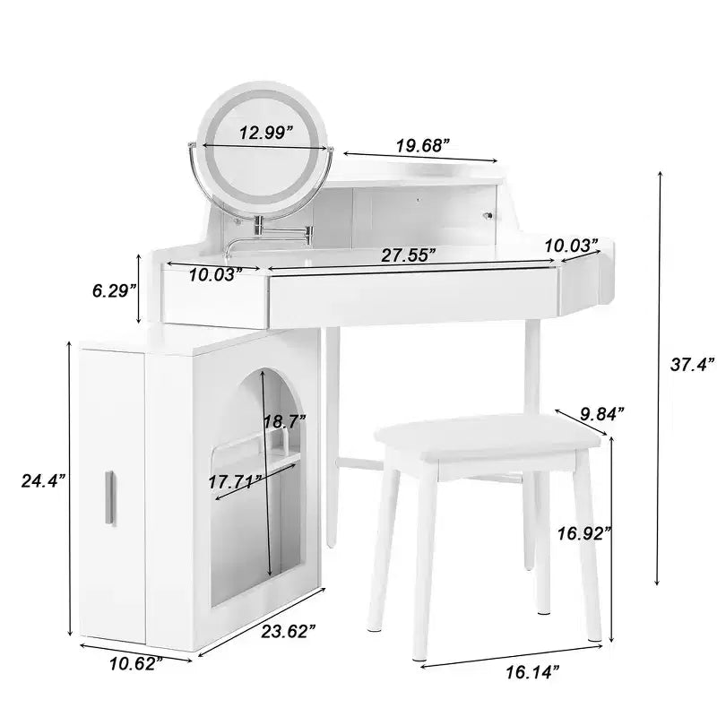 Whisen-Eckschminktisch, modernes Schminktisch-Set, Frisiertisch mit Spiegel, Hocker und großem Stauraum – Weiß