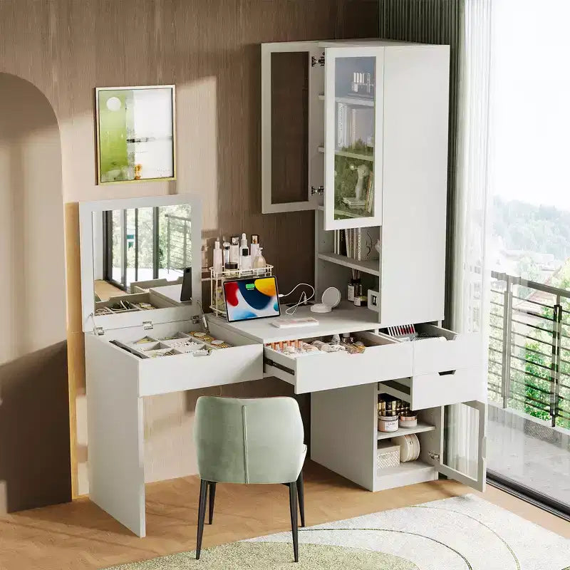 GDFStudio Teresa Modern Mirror Makeup Vanity Desk with 3 Drawers, Multiple Storage Compartments and Charging Station