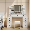 Okak Farmhouse Vanity Desk with Sliding Mirror, Makeup Vanity with Charging Station, Makeup Desk with Sponge Soft Stool for Dressing Room, White