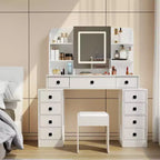 Okak Farmhouse Vanity Desk with Sliding Mirror, Makeup Vanity with Charging Station, Makeup Desk with Sponge Soft Stool for Dressing Room, White