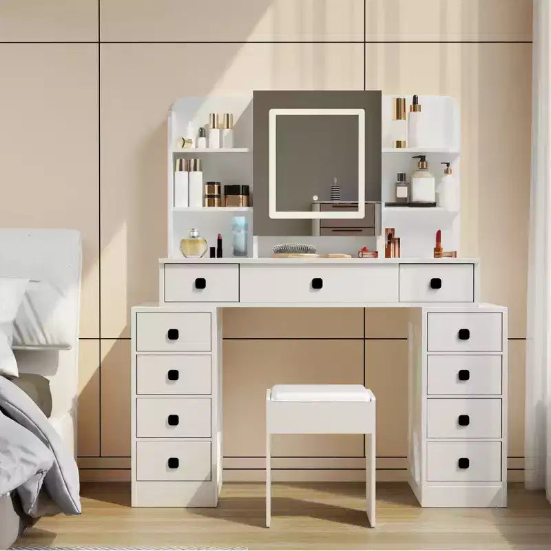 Okak Farmhouse Vanity Desk with Sliding Mirror, Makeup Vanity with Charging Station, Makeup Desk with Sponge Soft Stool for Dressing Room, White