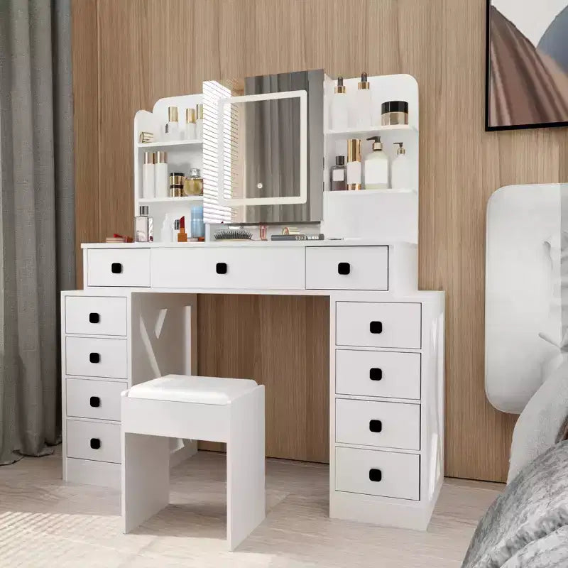 Okak Schminktisch im Landhausstil mit verschiebbarem Spiegel, Schminktisch mit Ladestation und weichem Schwammhocker für das Ankleidezimmer, Weiß