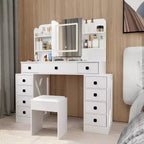 Okak Schminktisch im Landhausstil mit verschiebbarem Spiegel, Schminktisch mit Ladestation und weichem Schwammhocker für das Ankleidezimmer, Weiß