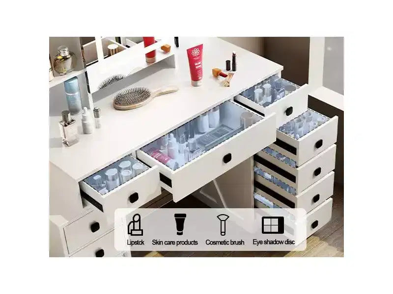 Okak Schminktisch im Landhausstil mit verschiebbarem Spiegel, Schminktisch mit Ladestation und weichem Schwammhocker für das Ankleidezimmer, Weiß