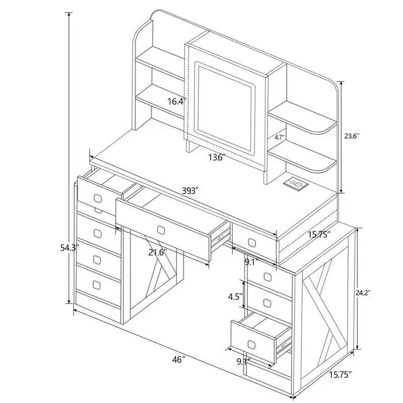 Okak Schminktisch im Landhausstil mit verschiebbarem Spiegel, Schminktisch mit Ladestation und weichem Schwammhocker für das Ankleidezimmer, Weiß