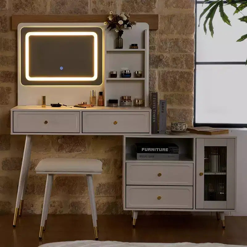 Okak moderne make-uptafel met spiegel, uitschuifbare kaptafel met stopcontact en kruk, kaptafelset voor slaapkamer en kleedkamer