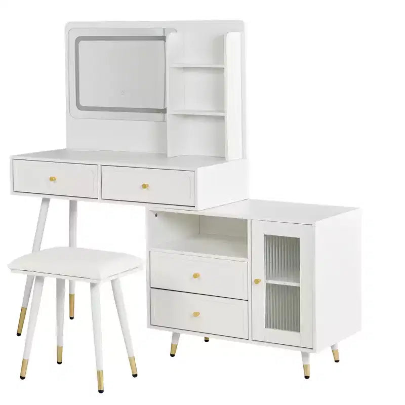 Okak moderne make-uptafel met spiegel, uitschuifbare kaptafel met stopcontact en kruk, kaptafelset voor slaapkamer en kleedkamer