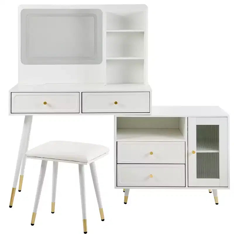 Okak moderne make-uptafel met spiegel, uitschuifbare kaptafel met stopcontact en kruk, kaptafelset voor slaapkamer en kleedkamer