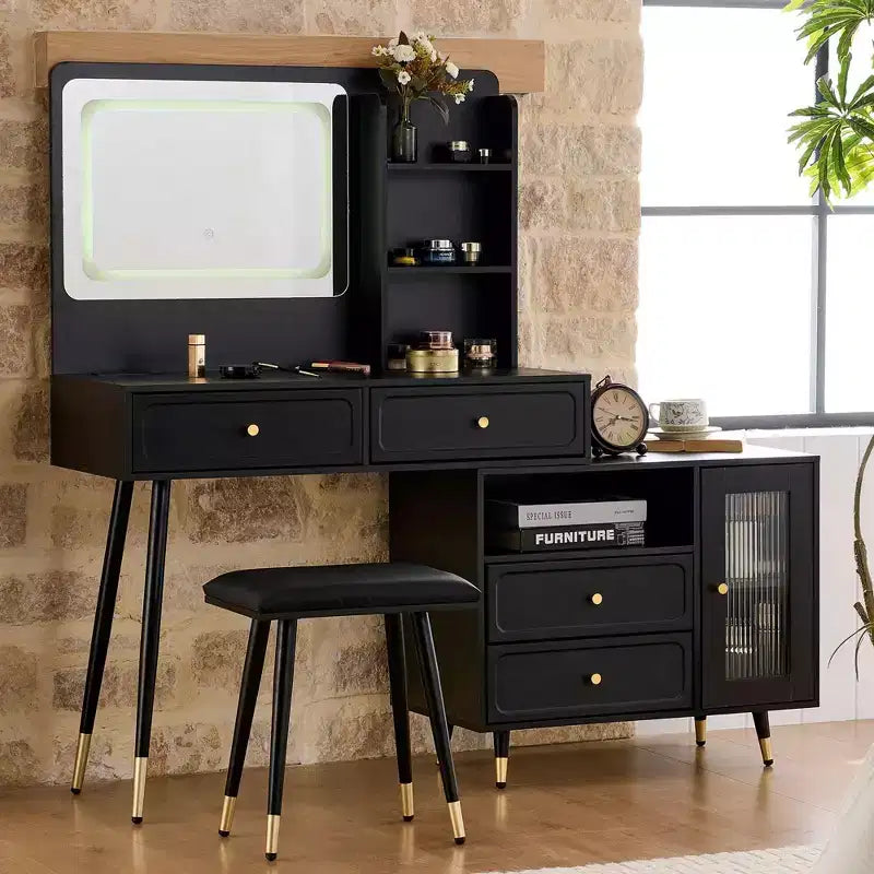 Okak moderne make-uptafel met spiegel, uitschuifbare kaptafel met stopcontact en kruk, kaptafelset voor slaapkamer en kleedkamer