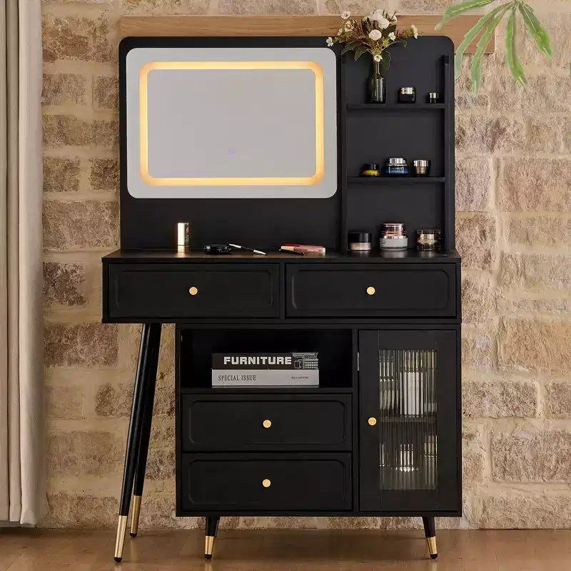 Okak moderne make-uptafel met spiegel, uitschuifbare kaptafel met stopcontact en kruk, kaptafelset voor slaapkamer en kleedkamer
