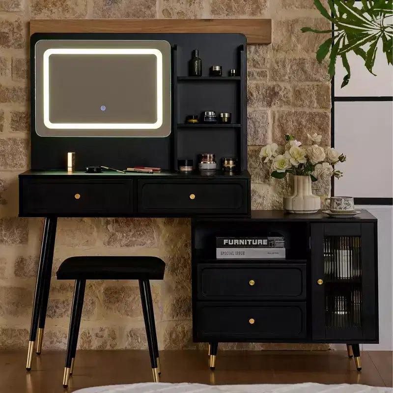 Okak moderne make-uptafel met spiegel, uitschuifbare kaptafel met stopcontact en kruk, kaptafelset voor slaapkamer en kleedkamer