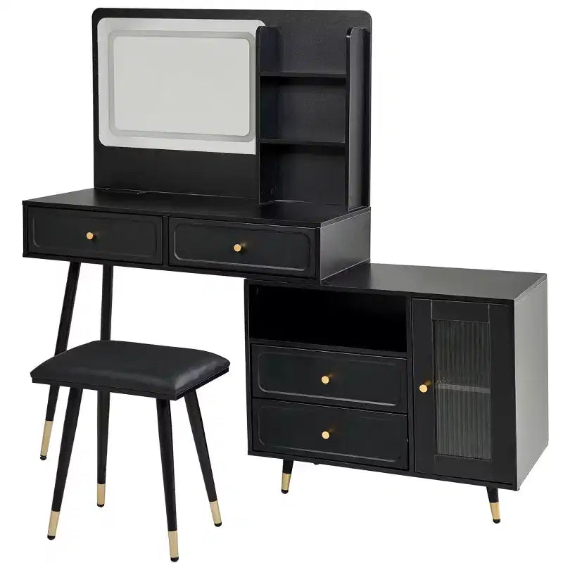 Okak moderne make-uptafel met spiegel, uitschuifbare kaptafel met stopcontact en kruk, kaptafelset voor slaapkamer en kleedkamer