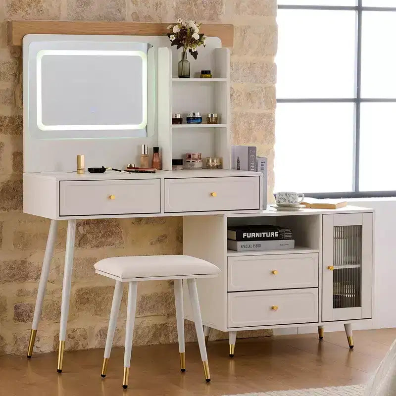 Okak moderne make-uptafel met spiegel, uitschuifbare kaptafel met stopcontact en kruk, kaptafelset voor slaapkamer en kleedkamer