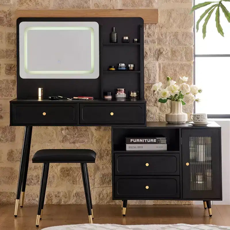 Okak Modern Makeup Vanity with Mirror, Retractable Vanity Table with Power Outlet and Stool, Vanity Set for Bedroom, Dressing Room