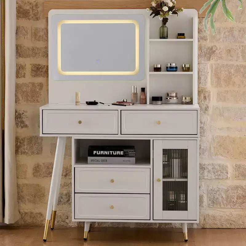 Tocador de maquillaje moderno Okak con espejo, mesa de tocador retráctil con toma de corriente y taburete, conjunto de tocador para dormitorio y vestidor