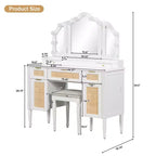 GDFStudio Lillian Boho-moderner Schminktisch aus Holz mit dreiteiligem Spiegel, 13 Glühbirnen, 5 Schubladen und Ladestation