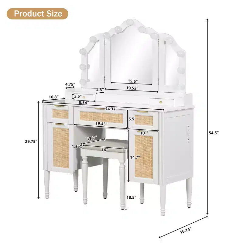 GDFStudio Lillian Boho-moderner Schminktisch aus Holz mit dreiteiligem Spiegel, 13 Glühbirnen, 5 Schubladen und Ladestation