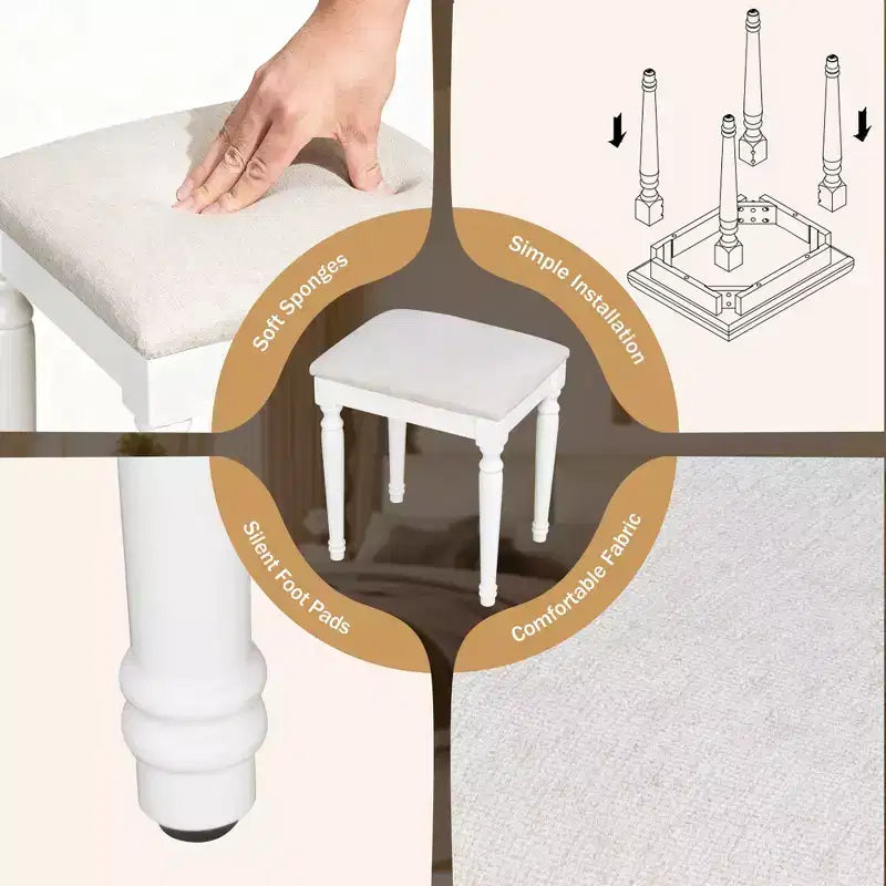 GDFStudio Lillian Boho-moderner Schminktisch aus Holz mit dreiteiligem Spiegel, 13 Glühbirnen, 5 Schubladen und Ladestation