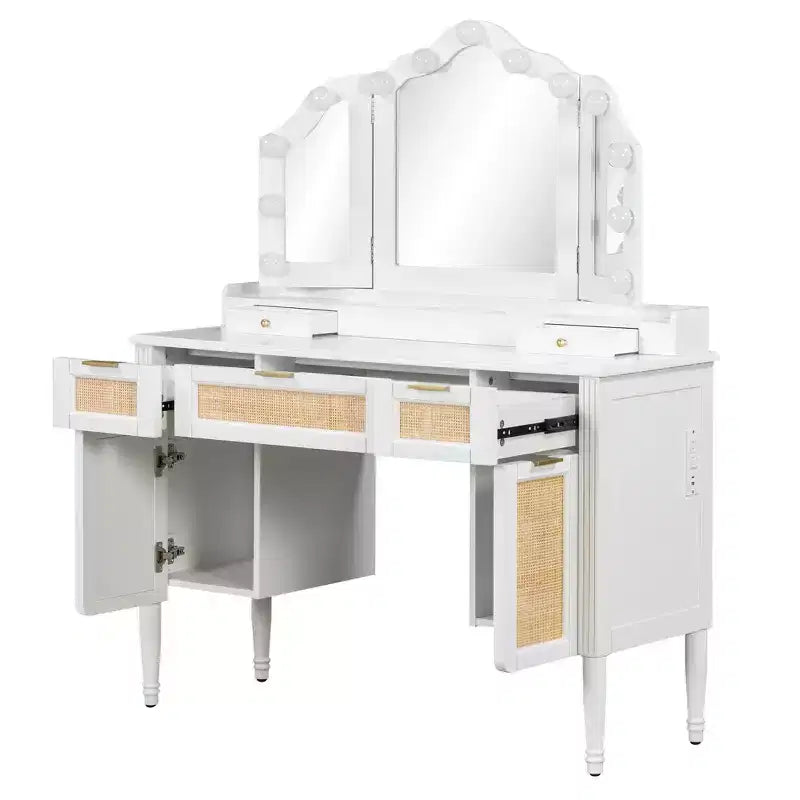 GDFStudio Lillian Boho-moderner Schminktisch aus Holz mit dreiteiligem Spiegel, 13 Glühbirnen, 5 Schubladen und Ladestation