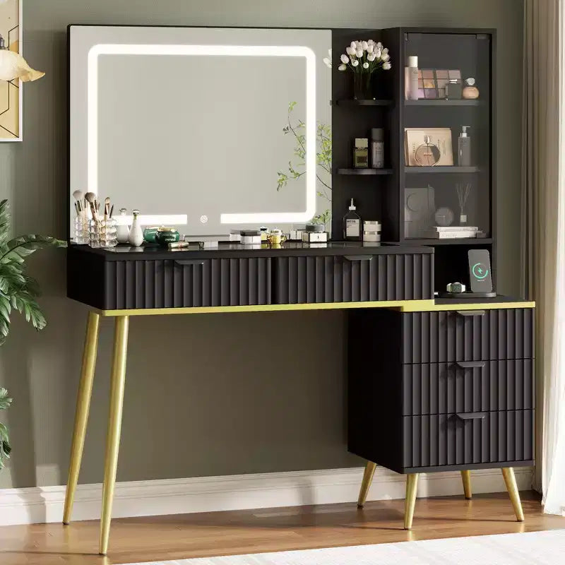 48 Makeup Vanity with Glass Top, Modern Big Vanity Desk with 3 Lighting Modes Mirror & 5 Drawers