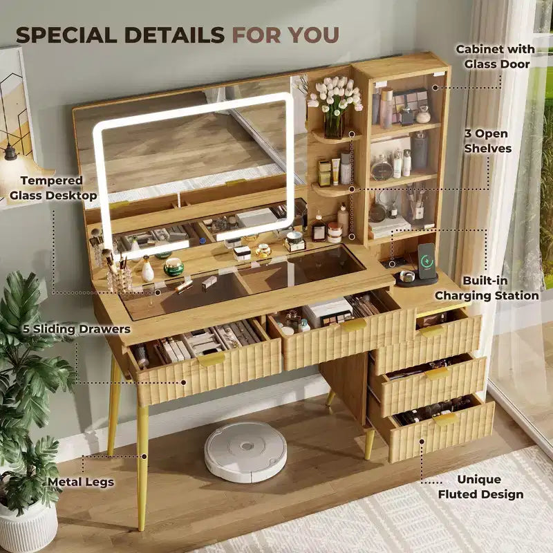 48 Makeup Vanity with Glass Top, Modern Big Vanity Desk with 3 Lighting Modes Mirror & 5 Drawers
