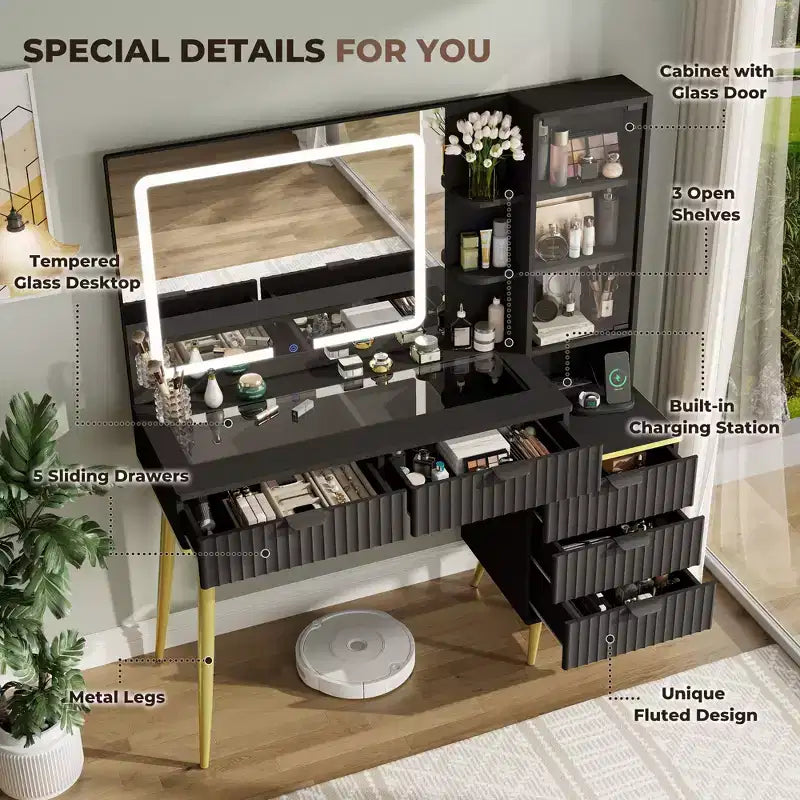48 Makeup Vanity with Glass Top, Modern Big Vanity Desk with 3 Lighting Modes Mirror & 5 Drawers