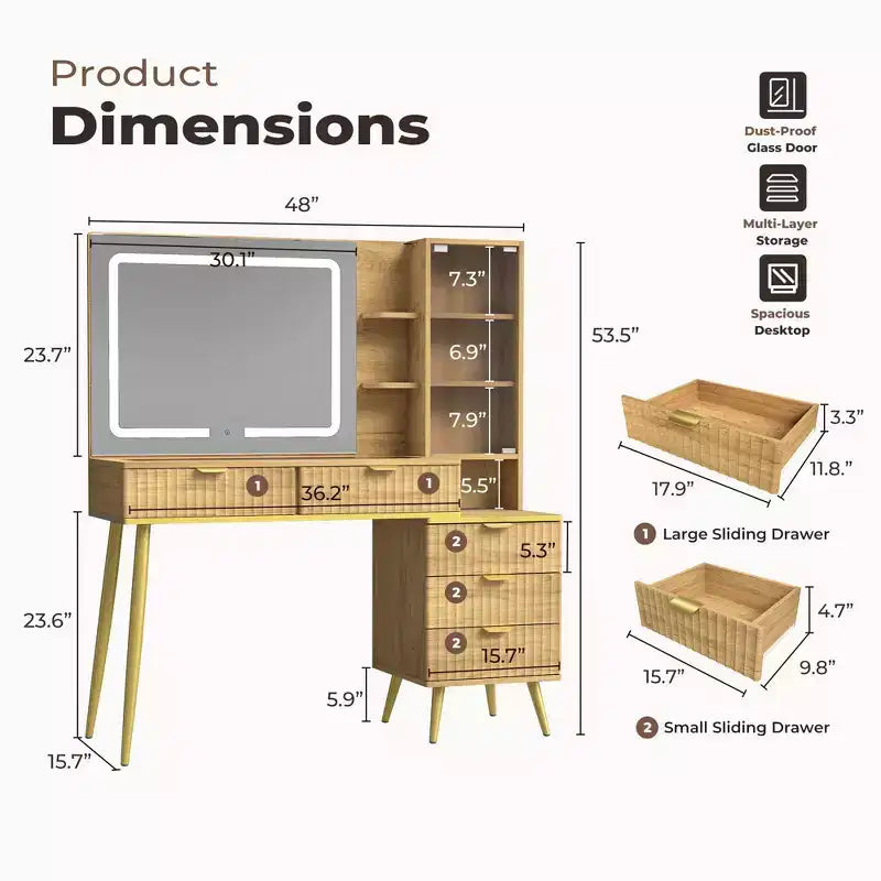 48 Makeup Vanity with Glass Top, Modern Big Vanity Desk with 3 Lighting Modes Mirror & 5 Drawers