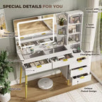 48 Makeup Vanity with Glass Top, Modern Big Vanity Desk with 3 Lighting Modes Mirror & 5 Drawers