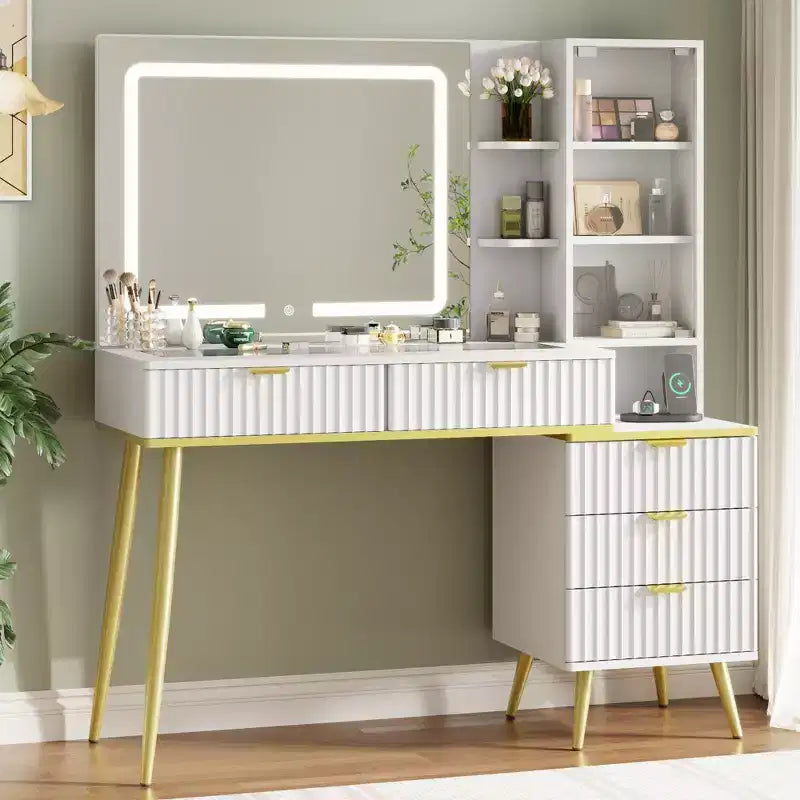 48 Makeup Vanity with Glass Top, Modern Big Vanity Desk with 3 Lighting Modes Mirror & 5 Drawers