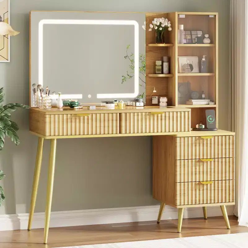 48 Makeup Vanity with Glass Top, Modern Big Vanity Desk with 3 Lighting Modes Mirror & 5 Drawers