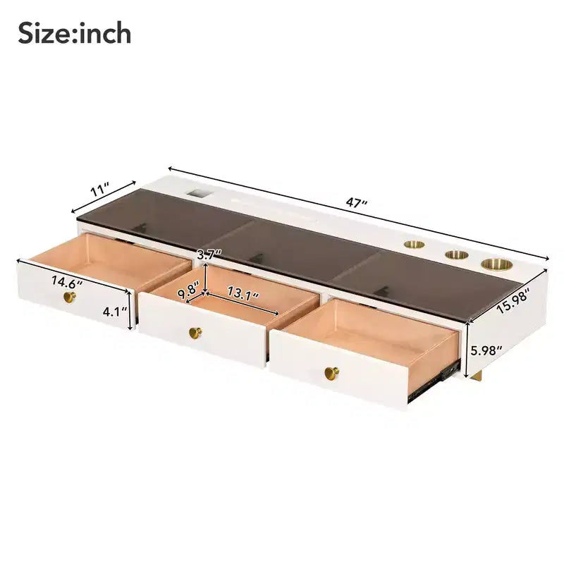 GDFStudio Maria moderner wandmontierter schwebender Schminktisch aus Holz mit 3 Schubladen und Glasoberfläche