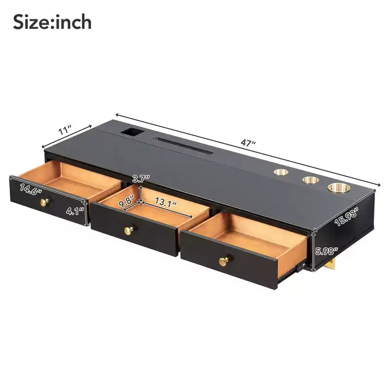 GDFStudio Maria moderner wandmontierter schwebender Schminktisch aus Holz mit 3 Schubladen und Glasoberfläche