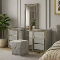 Royal Hampton 3Pc Vanity Dressing Table Set W Stool, Gray, Satin Fabric, Rubberwood