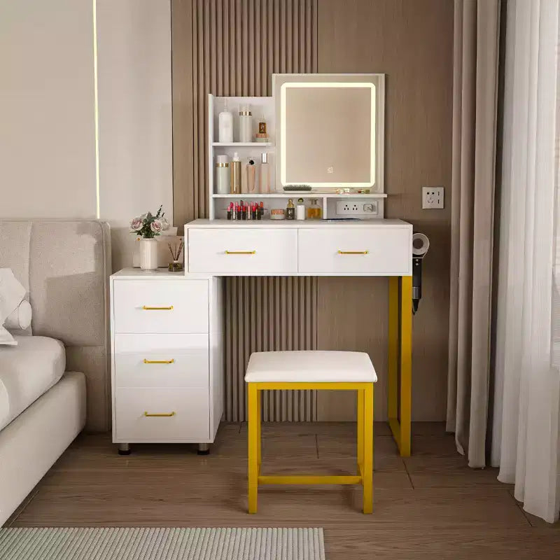 Okak Vanity Desk with 3 Color Adjustable Mirror and Power Outlet, Makeup Vanity with Metal Frame and Stool, Dressing Table for Home, White