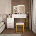 Okak Vanity Desk with 3 Color Adjustable Mirror and Power Outlet, Makeup Vanity with Metal Frame and Stool, Dressing Table for Home, White