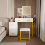 Okak Vanity Desk with 3 Color Adjustable Mirror and Power Outlet, Makeup Vanity with Metal Frame and Stool, Dressing Table for Home, White