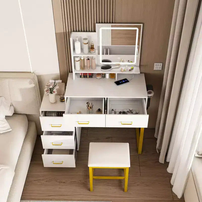 Okak Vanity Desk with 3 Color Adjustable Mirror and Power Outlet, Makeup Vanity with Metal Frame and Stool, Dressing Table for Home, White