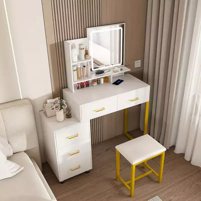 Okak Vanity Desk with 3 Color Adjustable Mirror and Power Outlet, Makeup Vanity with Metal Frame and Stool, Dressing Table for Home, White