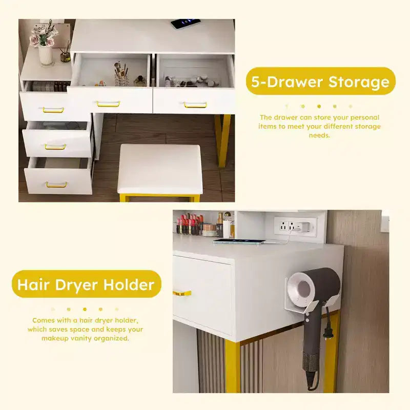 Okak Vanity Desk with 3 Color Adjustable Mirror and Power Outlet, Makeup Vanity with Metal Frame and Stool, Dressing Table for Home, White