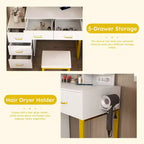 Okak Vanity Desk with 3 Color Adjustable Mirror and Power Outlet, Makeup Vanity with Metal Frame and Stool, Dressing Table for Home, White