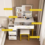 Okak Vanity Desk with 3 Color Adjustable Mirror and Power Outlet, Makeup Vanity with Metal Frame and Stool, Dressing Table for Home, White