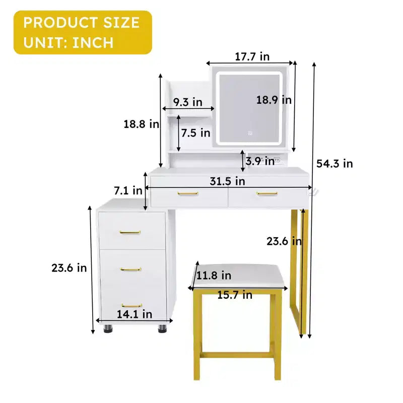 Okak Vanity Desk with 3 Color Adjustable Mirror and Power Outlet, Makeup Vanity with Metal Frame and Stool, Dressing Table for Home, White