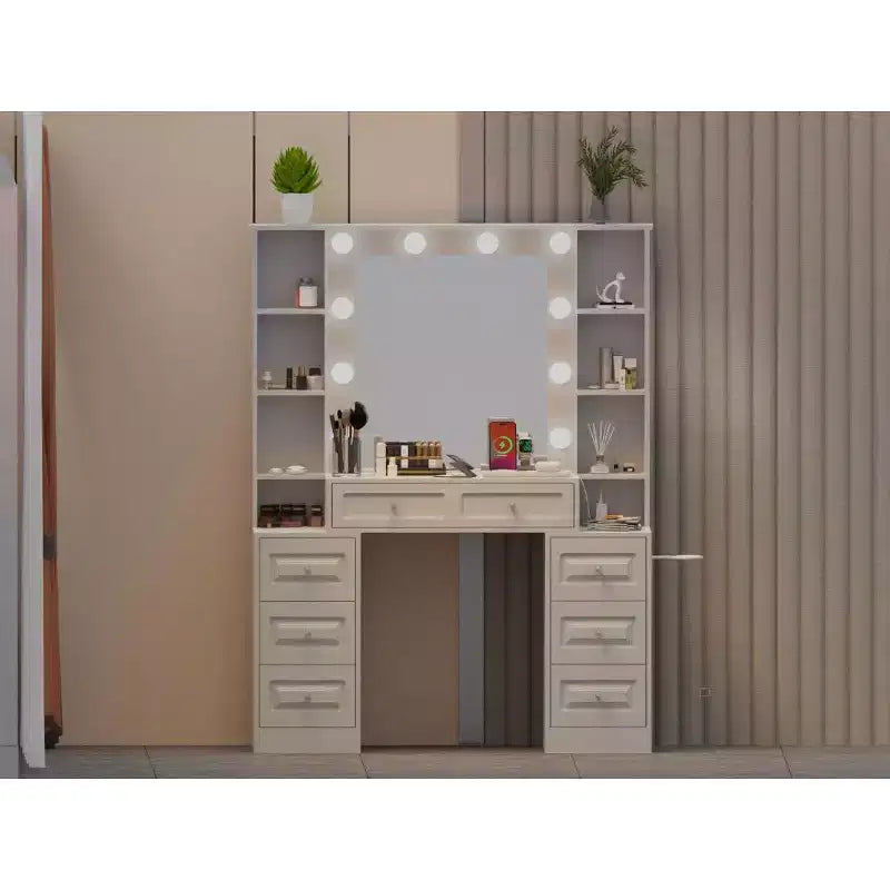 Okak Elegent Vanity Desk with Large Mirror, Makeup Vanity with Charging Station, Dressing Table for Living Room, Bedroom, White