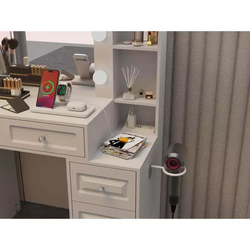 Okak Elegent Vanity Desk with Large Mirror, Makeup Vanity with Charging Station, Dressing Table for Living Room, Bedroom, White