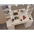 Okak Elegent Vanity Desk with Large Mirror, Makeup Vanity with Charging Station, Dressing Table for Living Room, Bedroom, White