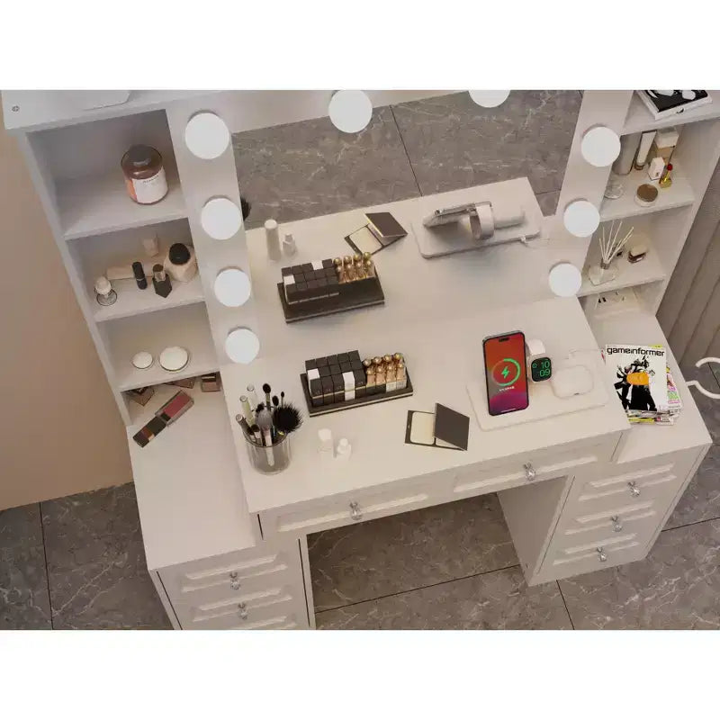 Okak Elegent Vanity Desk with Large Mirror, Makeup Vanity with Charging Station, Dressing Table for Living Room, Bedroom, White