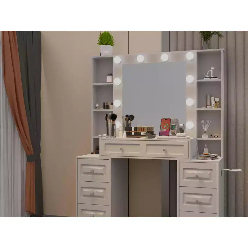 Okak Elegent Vanity Desk with Large Mirror, Makeup Vanity with Charging Station, Dressing Table for Living Room, Bedroom, White