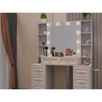 Okak Elegent Vanity Desk with Large Mirror, Makeup Vanity with Charging Station, Dressing Table for Living Room, Bedroom, White